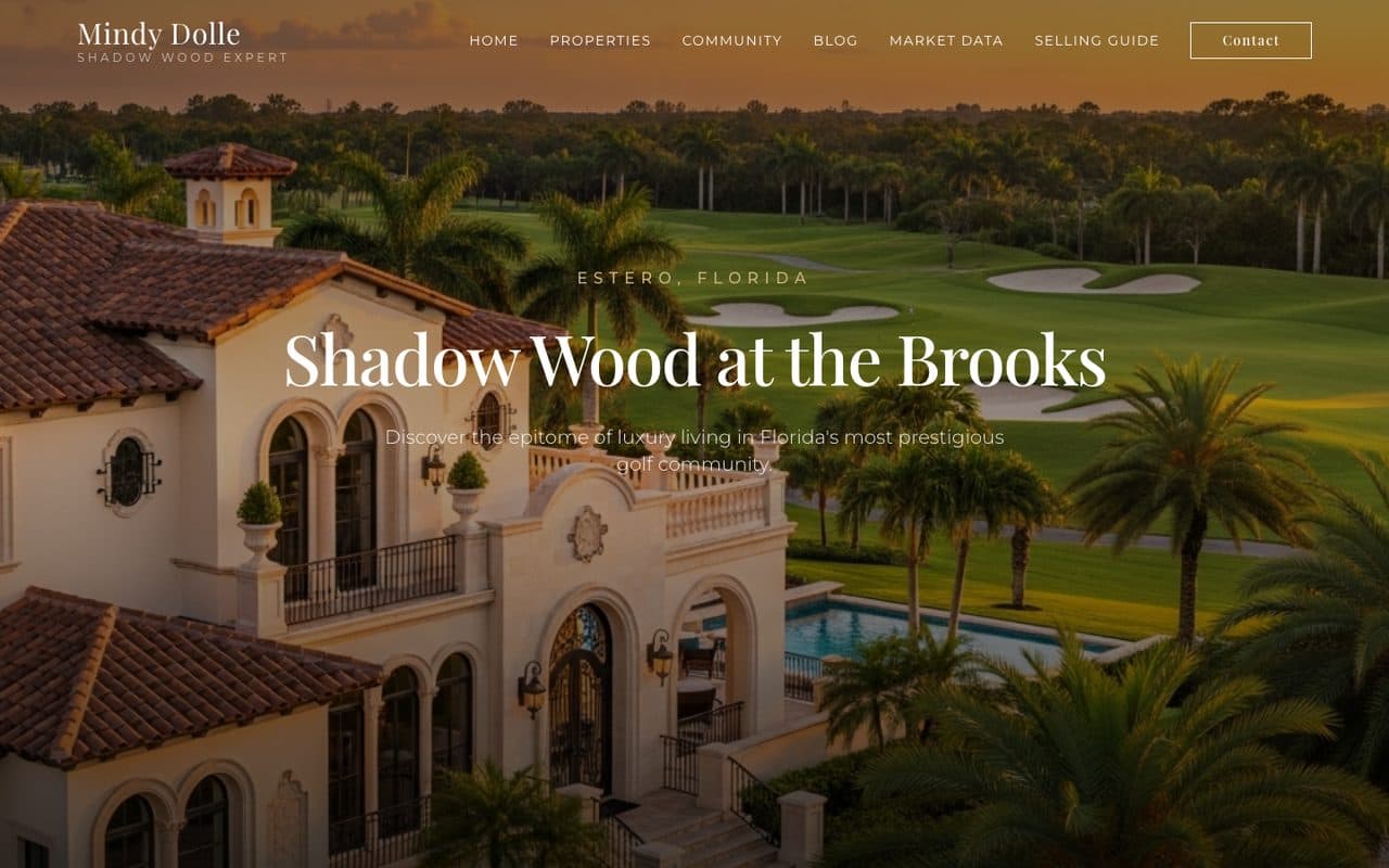 Screenshot of the Shadow Wood at the Brooks website home page, with a Mediterranean-style home beside a golf fairway